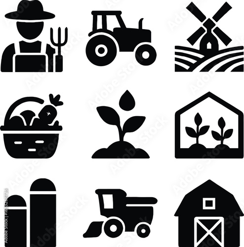 Black and White Farming and Agriculture Icon Grid Featuring Farmer with Pitchfork, Tractor, Windmill with Fields, Vegetable Basket, Sprouting Plant, Greenhouse, Silos, Combine Harvester, and Barn 