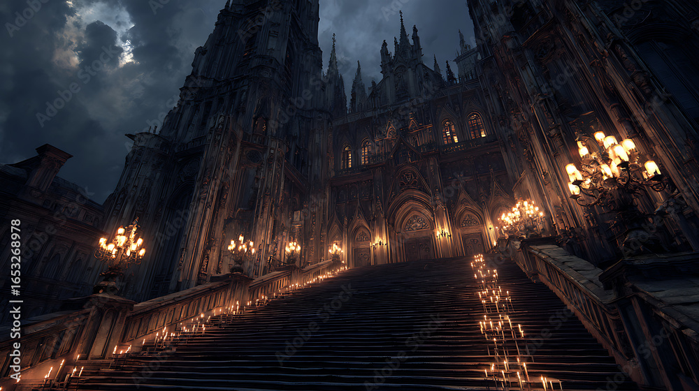 Obraz premium Grand Gothic Cathedral Staircase Illuminated by Chandeliers and Candles grand staircase ornate architecture