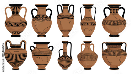 Collection of Ancient Greek Amphorae with Black and Terracotta Decorations vase pottery