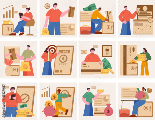 Financial Technology concept flat illustration set. Includes of finance, technology, digital, payment, money, banking, and more. Vector illustration isolated editable.