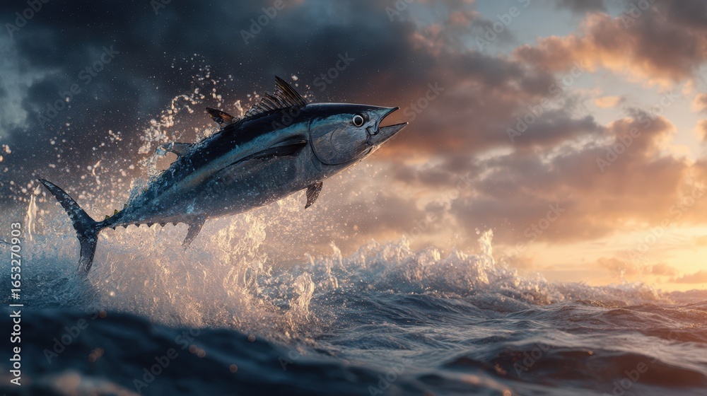Obraz premium Powerful tuna bursts through ocean waves at golden hour, creating a dramatic splash against a colorful sunset sky and choppy sea.