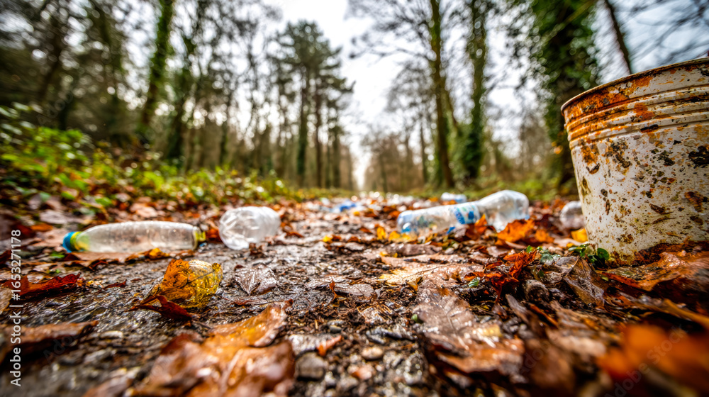 Fototapeta premium Littered forest trail with plastic bottles and rusted container amid fallen leaves