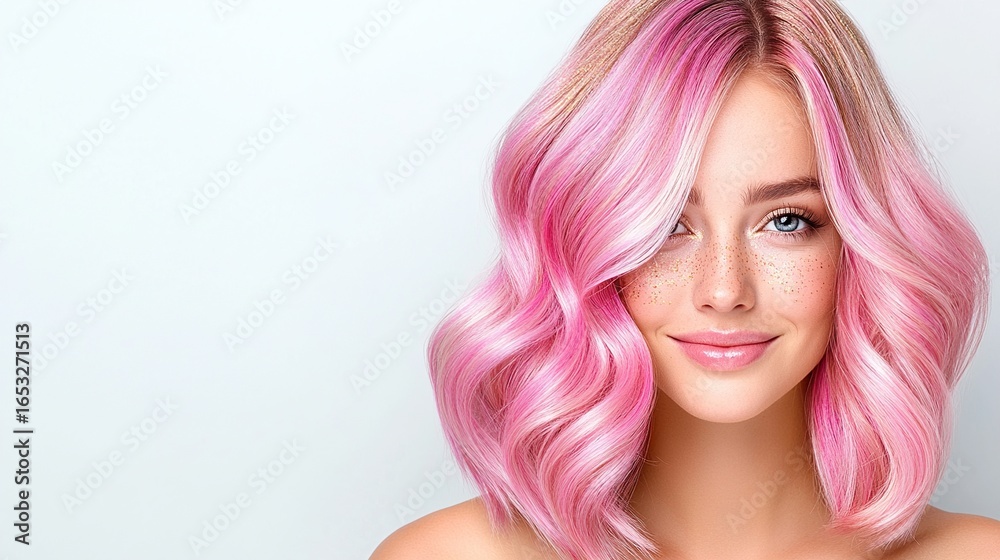 Fototapeta premium Blonde with multi-colored hair on a light background with empty space for text. Hairdressing and women's hairstyles.