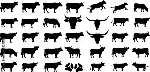 Collection of black cow and bull silhouettes. Set of farm animal icons including longhorn steer heads and hoof prints, isolated on white background.
