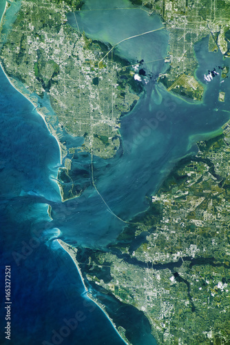 Fototapeta Naklejka Na Ścianę i Meble -  Satellite view of St. Petersburg,Palmetto, Tampa bay and Sunshine Skyway from the space. Elements of this image furnished by NASA.