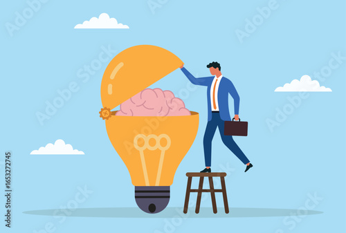 Vector illustration of a businessman standing on a stool and opening a large light bulb with a brain inside, symbolizing innovation, creativity, knowledge, intelligence, and new ideas
