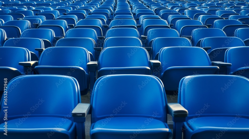 Naklejka premium Empty blue stadium seats in neat rows, highlighting the absence of spectators and game excitement