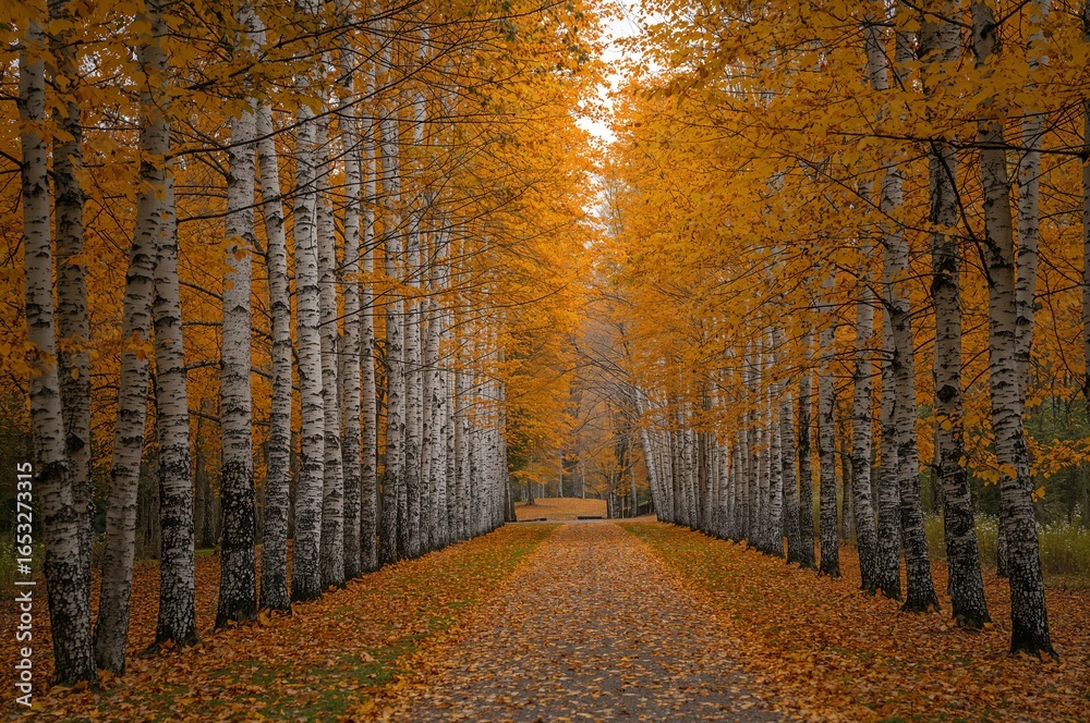 Fototapeta premium An avenue of birch trees with vibrant yellow and orange leaves in autumn.