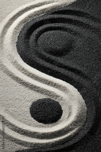Yin Yang Symbol in Black and White Sand, Harmony and Balance Concept