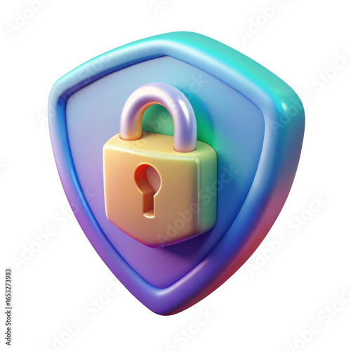 Iridescent 3d shield and lock icon isolated on transparent background