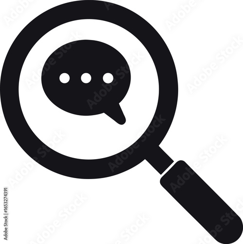 Magnifying glass over a speech bubble icon, representing search for communication