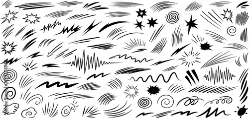 Hand-drawn doodle and scribble set. A large collection of abstract black lines, comic effects, swooshes, and emphasis marks for design.