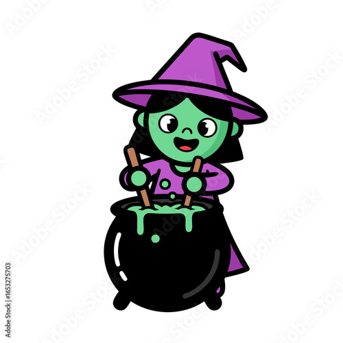 Cute cartoon vector character illustration of little witch stirring green potion in cauldron for halloween