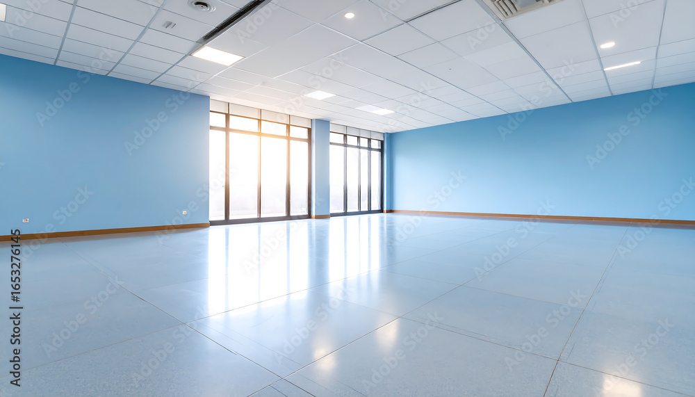 Fototapeta premium Bright, airy empty office space with light blue walls, tiled floor, and large windows showcasing natural sunlight.
