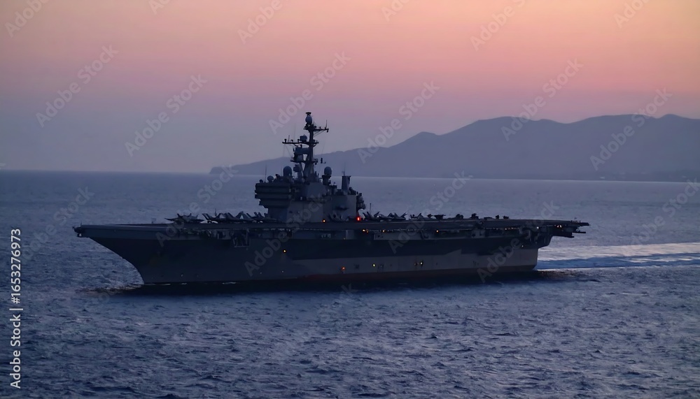 Obraz premium Majestic warship silhouettes against a vibrant sunset