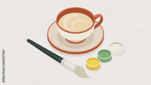 Isometric view of a coffee cup on a saucer with a paintbrush and paint pots beverage drink