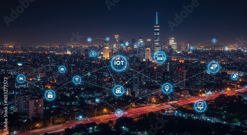 Dynamic smart city connectivity illuminated by glowing IOT network nodes and digital icons against a vibrant night cityscape with light trails