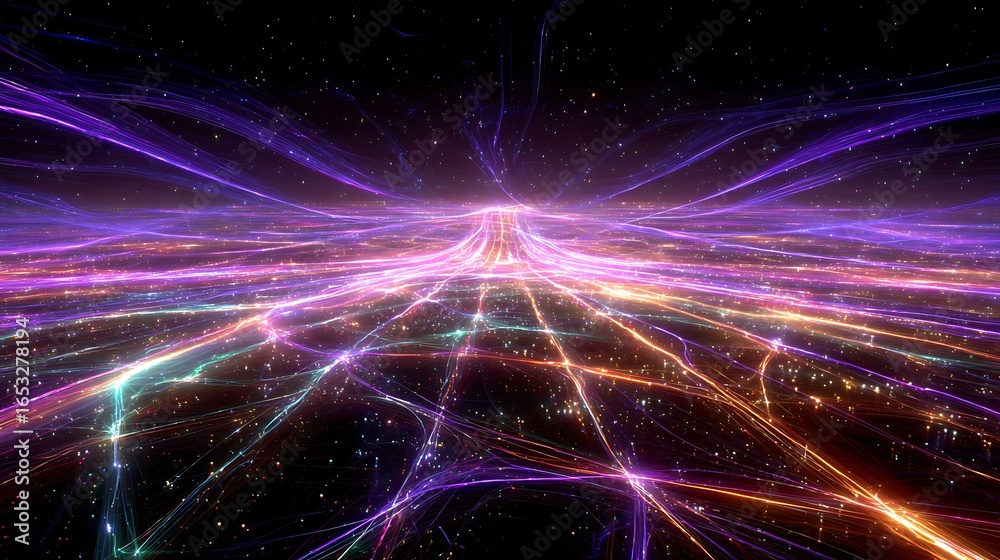 Naklejka premium A vibrant, abstract digital artwork featuring a network of colorful lines and shapes against a dark background, with a starry sky in the background. 