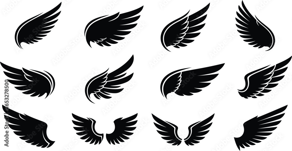 Fototapeta premium A stylized set of black vector wings, perfect for a tattoo, icon, or design