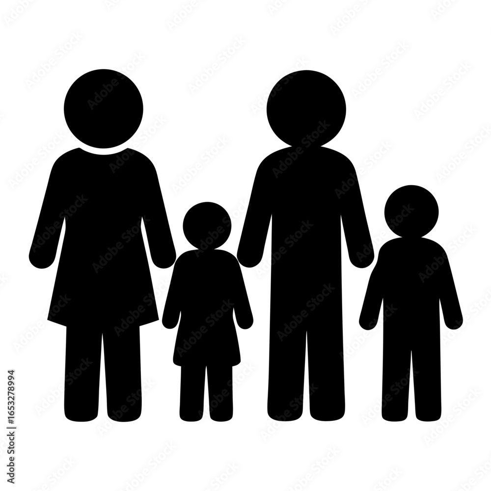 Stick figure family illustration, portraying mother, father, daughter, and son in black Stick figure family illustration, portraying mother, father, daughter, and son in black