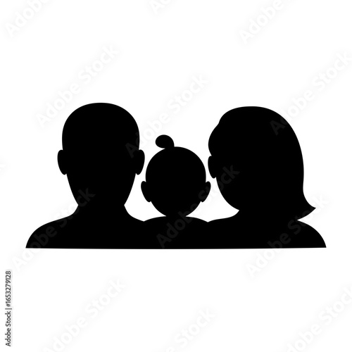 Silhouette illustration showcasing family unit, father, mother and child, black and white