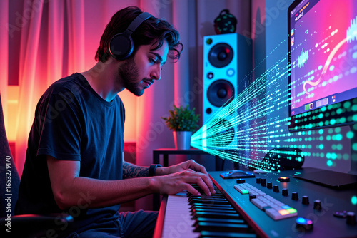 Young musician with headphones creates electronic music on a synthesizer keyboard in a futuristic studio with neon lights and flowing digital data streams