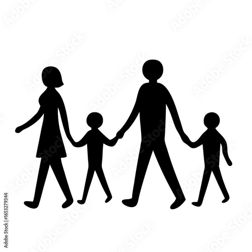 Silhouette illustration of a family walking together holding hands happily, minimalistic