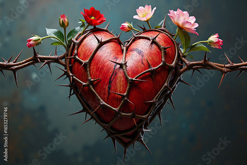 realistic human heart is wrapped in sharp thorns with blooming roses, a powerful and gothic symbol of heartbreak, difficult love, pain, and emotional struggle