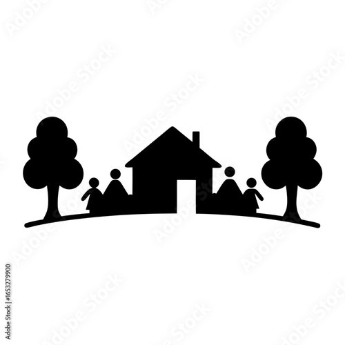 Silhouette of a house with trees and figures representing family