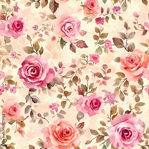 Wallpaper Mural A beautiful seamless watercolor pattern with romantic pink roses and delicate foliage on a warm, textured background. Perfect for wedding invitations, textiles, and feminine designs. Torontodigital.ca