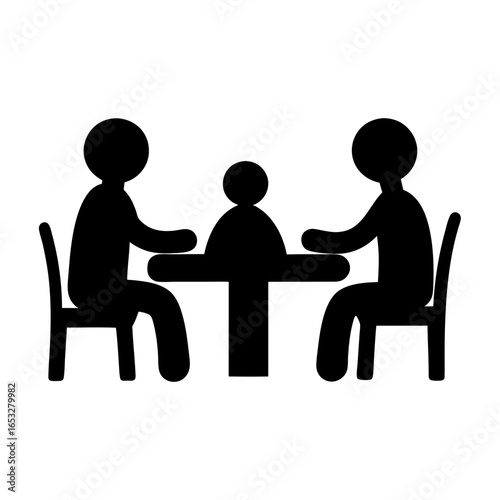Three stick figures sitting around a table in a minimalistic design