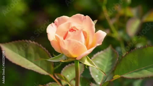 Close-up of a delicate peach-colored rose bud