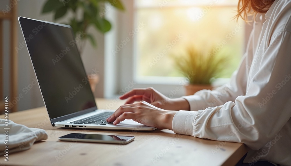 Fototapeta premium Woman working on laptop at home desk with phone and plant nearby