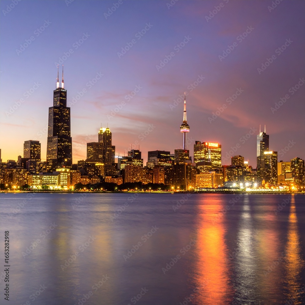 Obraz premium City skyline at sunset with glowing lights and dramatic sky