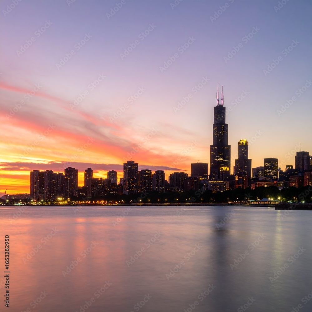 Fototapeta premium City skyline at sunset with glowing lights and dramatic sky