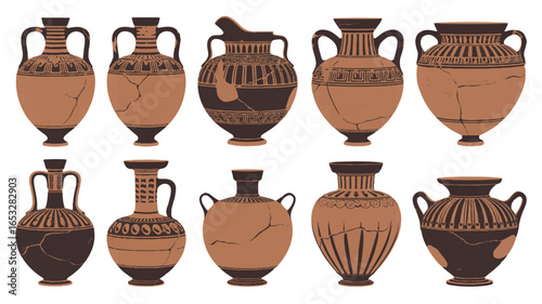 Ten Ancient Greek Pottery Vases with Black and Terracotta Designs amphora