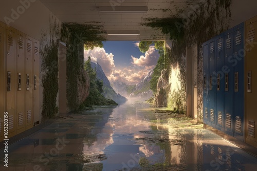 Overgrown School Hallway with Mountain View and Water Reflection, Post Apocalyptic Setting