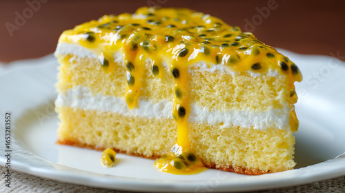 Passion Fruit Cake Slice: Layers of vanilla sponge, creamy filling, and tangy passion fruit topping.