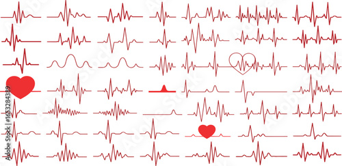 A diverse collection of red heartbeat EKG line graphs, cardiogram pulse icons, and heart shapes. Vector set for medical, health, and scientific concepts.
