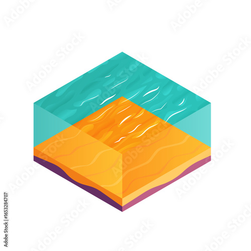 Isometric Beach Scene Ocean, Sand, and Shore in a Cube
