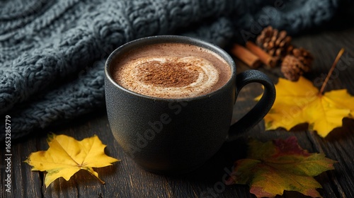 Cozy autumn hot chocolate drink with cinnamon and whipped cream on wooden table with fall leaves decor
