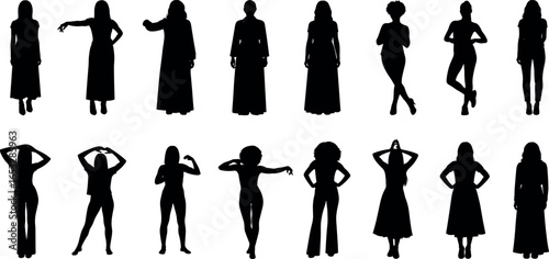 Diverse collection of female silhouettes. Set of women in various standing poses, outfits, and hairstyles. Black vector graphic illustrations.