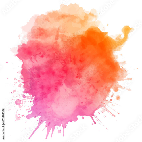 Watercolor splash effect. Vibrant pink and orange abstract paint. Perfect for backgrounds and creative design. Isolated on a TRANSPARENT PNG.