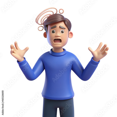 3d confused cartoon character with swirling thoughts isolated on transparent background