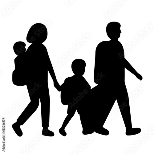 A happy family walking, mother father and two kids in black silhouette