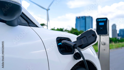 White electric vehicle charging at modern urban charging station, clean energy, sustainable transportation, eco-friendly technology, renewable resources, wind turbines in background.