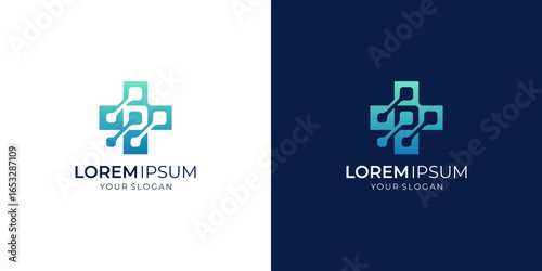 Digital Plus Logo Design. Combined Vector of Medical Cross with Tech Connection Inspirations.