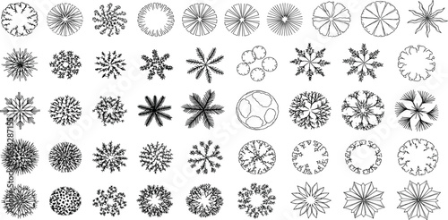 Collection of Stylized Plant and Tree Symbols. Top-down view icons set for landscape architecture and garden planning.