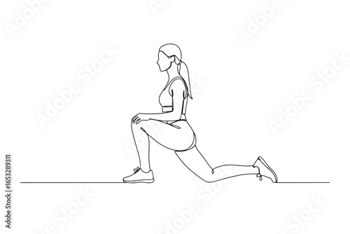 Continuous Line Drawing of young woman doing lunge exercise isolated on white background for fitness and wellness concept design