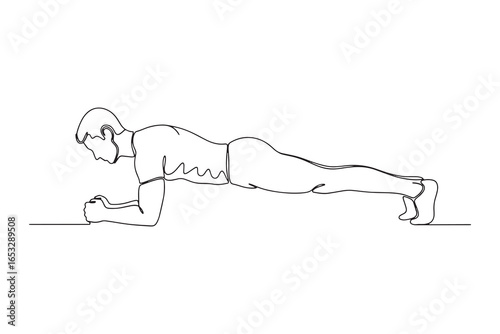 Continuous Line Drawing of  man doing plank exercise for core strength isolated on white background line art illustration
